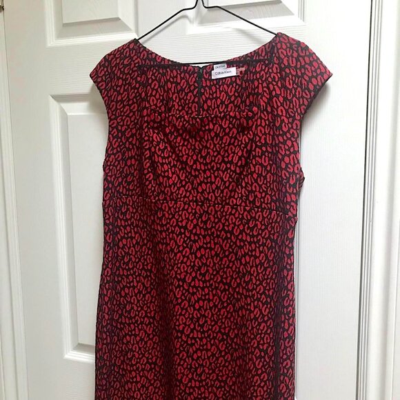 🌹🐾❤️Gorgeous Calvin Klein Red Black Textured Leopard Print Sleeveless Dress - Picture 5 of 17